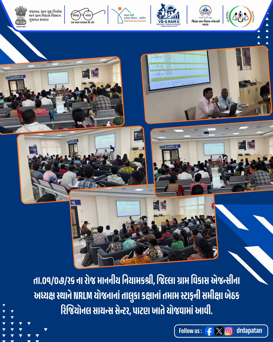 DrdaPatan's tweet photo. તા.૦૧/૦૭/૨૬ ના રોજ માનનીય નિયામકશ્રી, જિલ્લા ગ્રામ વિકાસ એજન્સીના અધ્યક્ષ સ્થાને NRLM યોજનાનાં તાલુકા કક્ષાનાં તમામ સ્ટાફની સમીક્ષા બેઠક રિજિયોનલ સાયન્સ સેન્ટર, પાટણ ખાતે યોજવામાં આવી. https://t.co/QRJFefnkvb