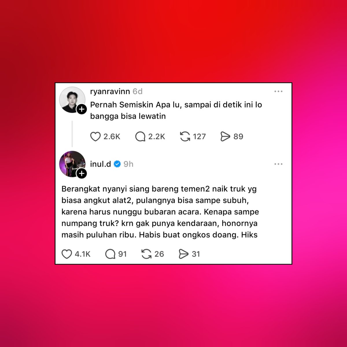 iPopBase's tweet photo. Inul Daratista recalls how poor she used to be in the early days of her career:

“Berangkat nyanyi siang bareng temen-temen naik truk yang biasa angkut alat-alat, pulangnya bisa sampai subuh karena harus nunggu bubaran acara. Kenapa sampai numpang truk? Karena nggak punya kendaraan. Honornya masih puluhan ribu, habis buat ongkos doang. Hiks.”