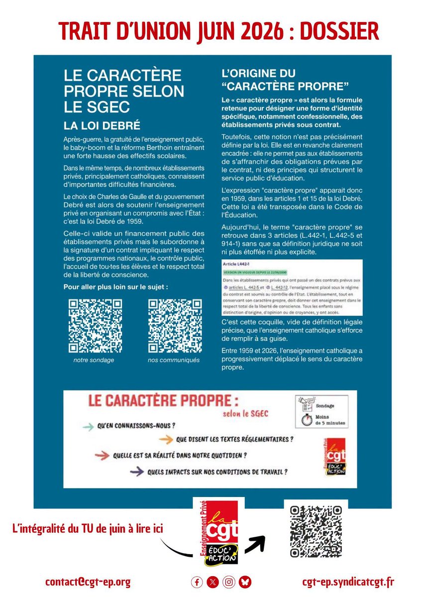 CGT_EP's tweet photo. 📢 Le TU de juin est sorti ! Retrouvez notre dossier sur le caractère  propre selon le SGEC. Un formule pratique pour tout justifier ? Une  réponse syndicale est nécessaire !
▶️ L'intégralité du TU ici: https://t.co/Jem2OdIkQM https://t.co/1lzpyCvySR
