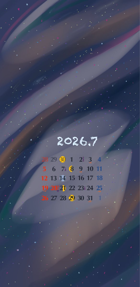 separeESTbleu's tweet photo. 2026年7月カレンダー
月曜始まり日曜始まり
右半分黄色は上弦の月、黄色い丸は満月、
左半分黄色は下弦の月、グレーは新月 https://t.co/9JiOYcc5O4