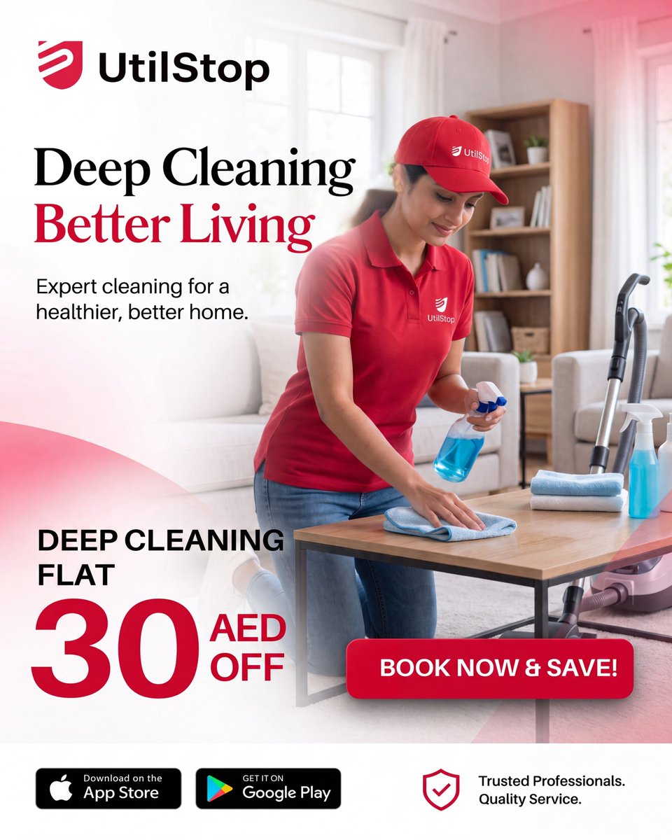 utilstop's tweet photo. Your Home Deserves More Than Just a Quick Clean.

With UtilStop's Deep Cleaning Service, our verified professionals handle every corner with care. And the best part? Get a Flat AED 30 OFF for a limited time! 

📲 Book your deep cleaning today with UtilStop and save!
#UtilStop https://t.co/wHzzzrf0Kf