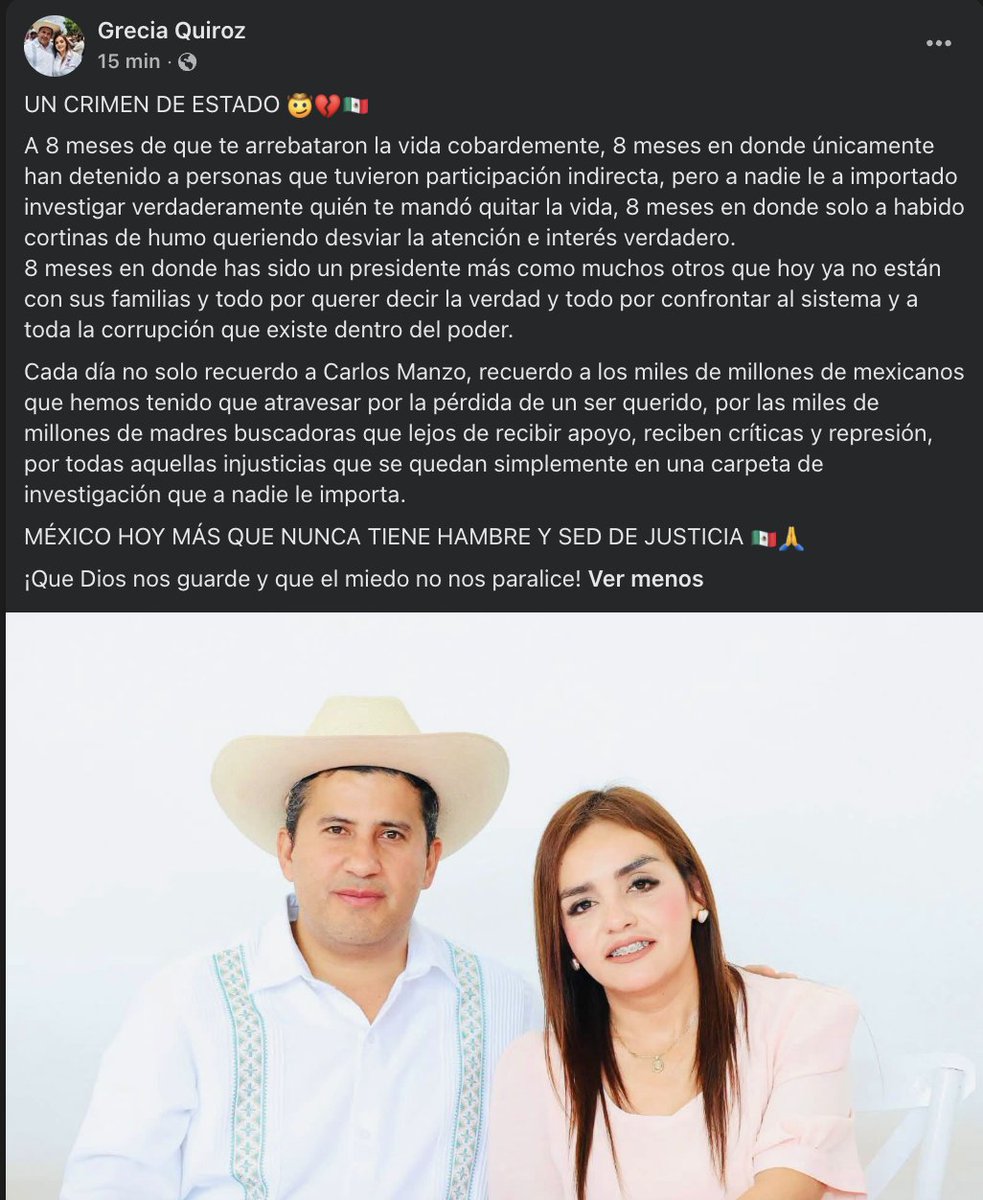 azucenau's tweet photo. 🔴 “Un crimen de Estado”, escribe Grecia Quiroz a 8 meses del asesinato de Carlos Manzo

La alcaldesa de Uruapan denuncia que solo han detenido a personas que tuvieron participación indirecta.

“A nadie le ha importado investigar verdaderamente quién te mandó quitar la vida”, añade. “México hoy más que nunca tiene hambre y sed de justicia”.