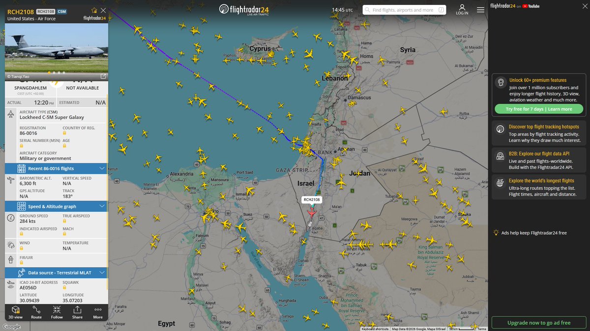 AIYeyENGDdJkjTr's tweet photo. July 2, 2026
#Fairfield Travis Air Force Base #Whidbey Island NAS #Fort Lewis, Washington #Gander #Spangdahlem Air Base ==> #Eilat, Israel
#RCH2108 #AE056D USAF C-5M Super Galaxy https://t.co/4UETI64zVw