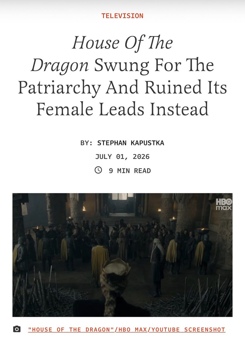 SteveKapustka's tweet photo. What’s going on with House of the Dragon? Why, in a supposedly feminist show, are all of the leading women terrible characters? I talk about how the Rhaenyra-Alicent relationship is destroying the series, and much else, at the link below. Thanks to @FDRLST for publishing! https://t.co/v3zYqXMRAt