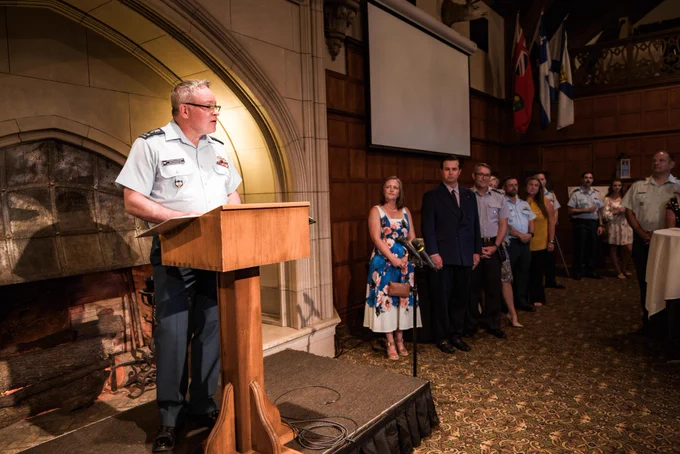 LGen Iain Huddleston, NORAD deputy commander, addresses guests at a Canada Day event at Glen Eyrie Castle in Colorado Springs, Colorado.