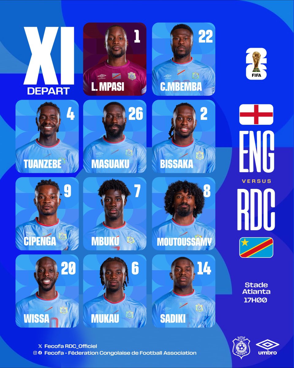 FecofaRdc's tweet photo. 📢 La Compo 🐆🇨🇩

🆚 Angleterre 
🏟 Atlanta Stadium – Atlanta 
🕘 Coup d’envoi : 17H00 (Kinshasa) 

🧤 Mpasi
🛡 Wan Bissaka – Tuanzebe – Mbemba (C) - Masuaku
⚙️ Mukau – Moutoussamy – Sadiki
⚡ Mbuku – Wissa - Cipenga

Tous derrière nos Léopards ! 🐆💪🏾🇨🇩

#AllezLesLéopards https://t.co/ZLimtAX5o2