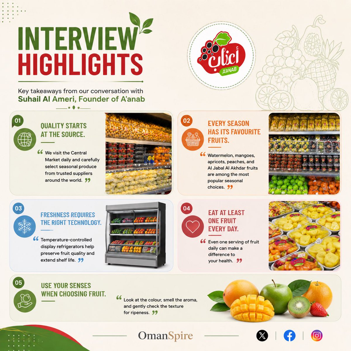 omanspire's tweet photo. Happy World Fruit Day! 🍉 Discover our conversation with Suhail Al Ameri, Founder of A’anab, as he shares insights on quality fruits, seasonal choices, and healthy eating. 🍍🌿
.
.
.
#fruits
#health
#Omanspire
#Muscat https://t.co/WpRaUc63pc