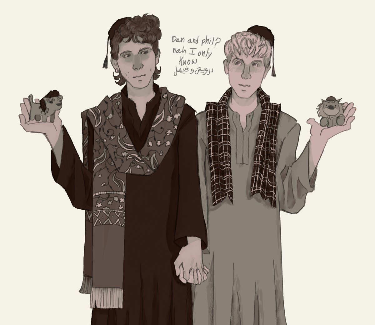 mariiigoldxs33d's tweet photo. got inspired by this beautiful piece to make my own dan and phil in traditional egyptian clothing hehe!! They are now darwish and Phaisal https://t.co/Y7yyYqRM1H