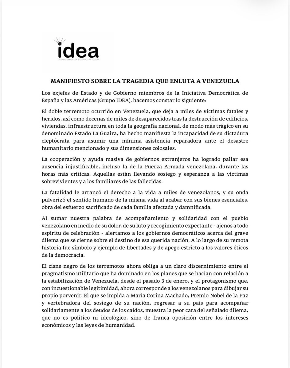 OrlvndoA's tweet photo. #AHORA | 33 exjefes de Estado le expresan su apoyo a los venezolanos y dicen que María Corina debería poder regresar a su país a acompañar a las víctimas del terremoto. https://t.co/fpePj5uPJ8