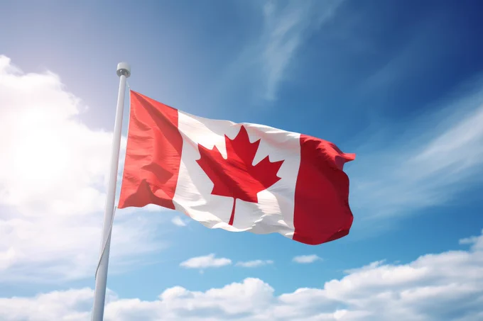 Red and white Canadian flag with a red maple leaf centered