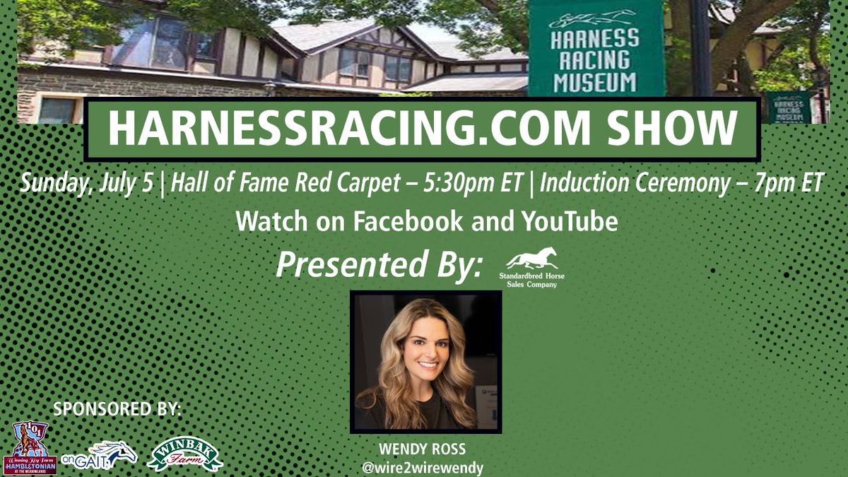 USTrotting's tweet photo. Just FOUR days until Hall of Fame Sunday! Join Wendy Ross on the Hall of Fame red carpet, then stick around for the Induction Ceremony as the Harness Racing Hall of Fame welcomes its newest class! #harnessracing

https://t.co/VhgVTDXcWW Show to present Red Carpet interviews prior to Hall of Fame Dinner livestream Sunday https://t.co/nBRXFtEgbY