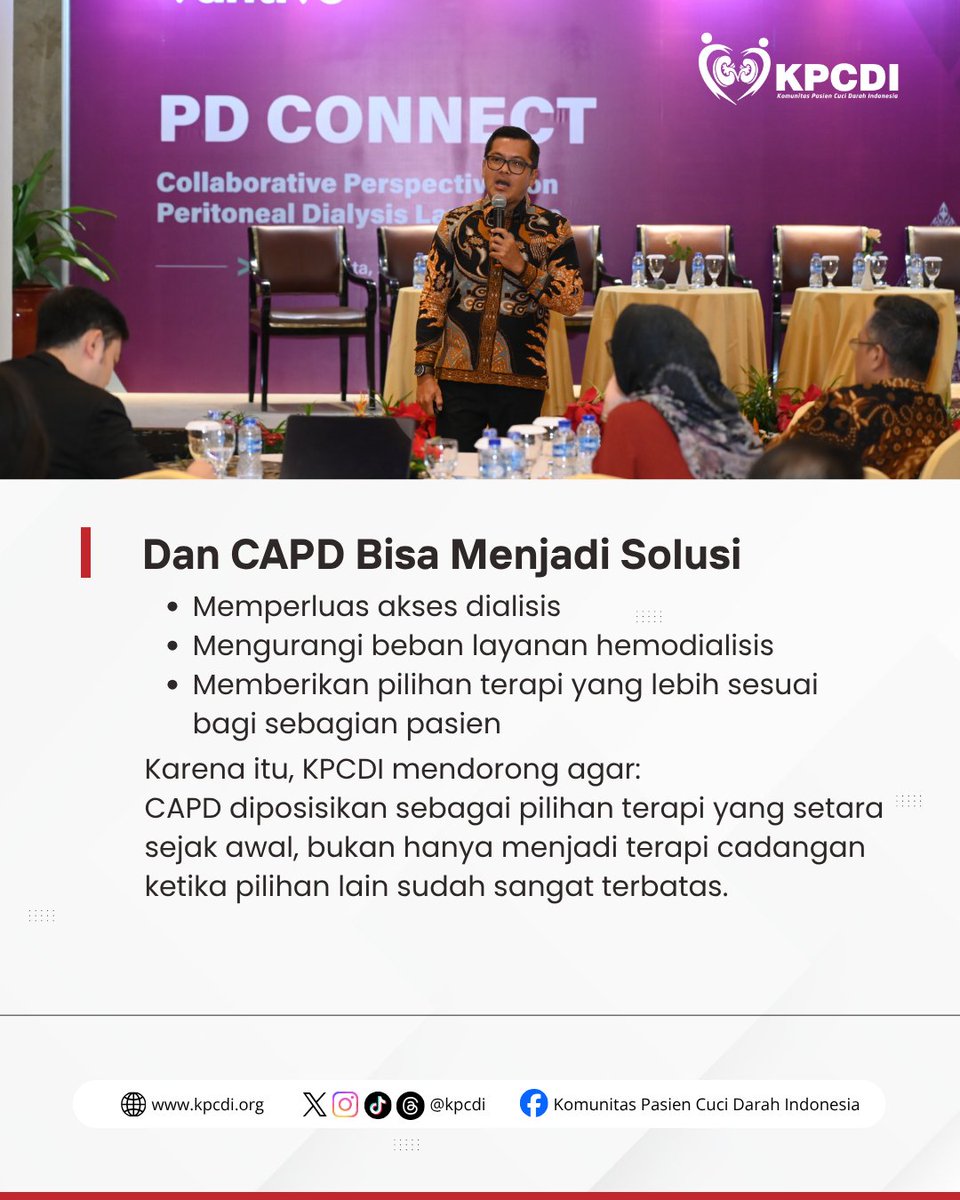 kpcdi's tweet photo. Melalui forum PD CONNECT 2026, KPCDI menyampaikan aspirasi untuk mendorong layanan dialisis yang lebih berpusat pada pasien, memperluas akses terhadap pilihan terapi, serta memastikan setiap pasien memperoleh informasi yang utuh sejak awal. https://t.co/5KumoBRgFH