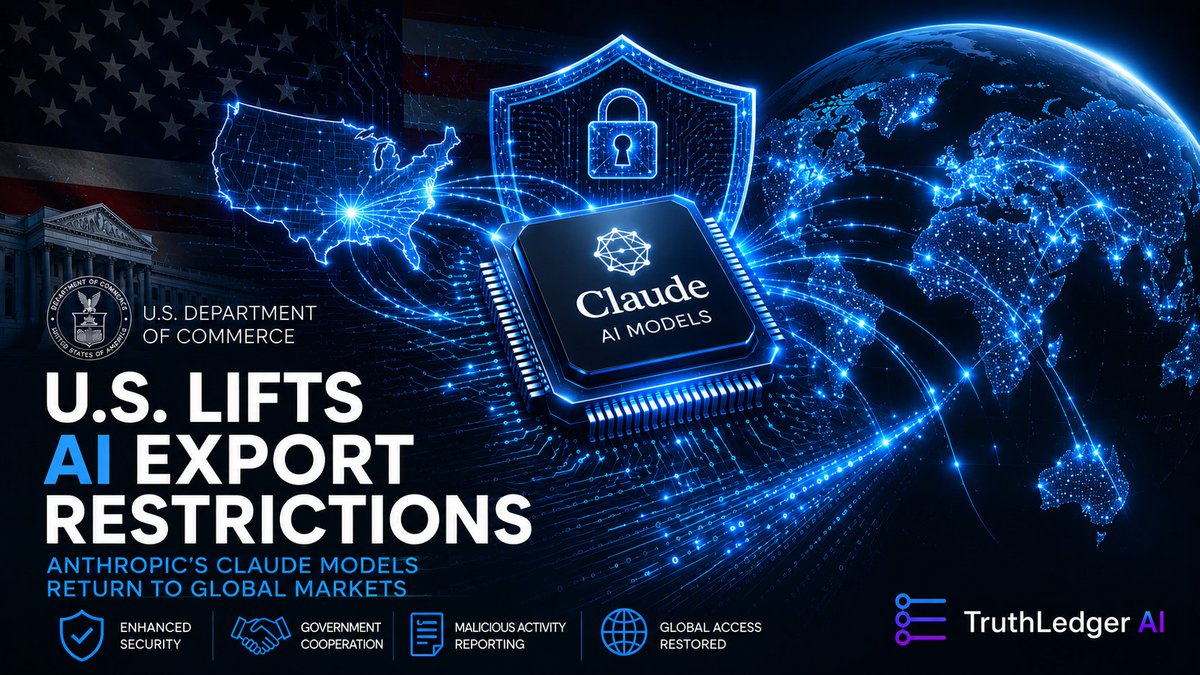 RichardMaris1's tweet photo. 🇺🇸 The U.S. Commerce Department has lifted export controls on Anthropic's Claude Fable 5 and Mythos 5 AI models after the company agreed to strengthen security safeguards and work more closely with the government on AI safety standards.

The move restores global access to two of the world's most advanced AI models—and signals that frontier AI is increasingly being treated as a matter of national security as well as innovation.

#AI #Anthropic #ArtificialIntelligence #Cybersecurity #NationalSecurity #TechNews