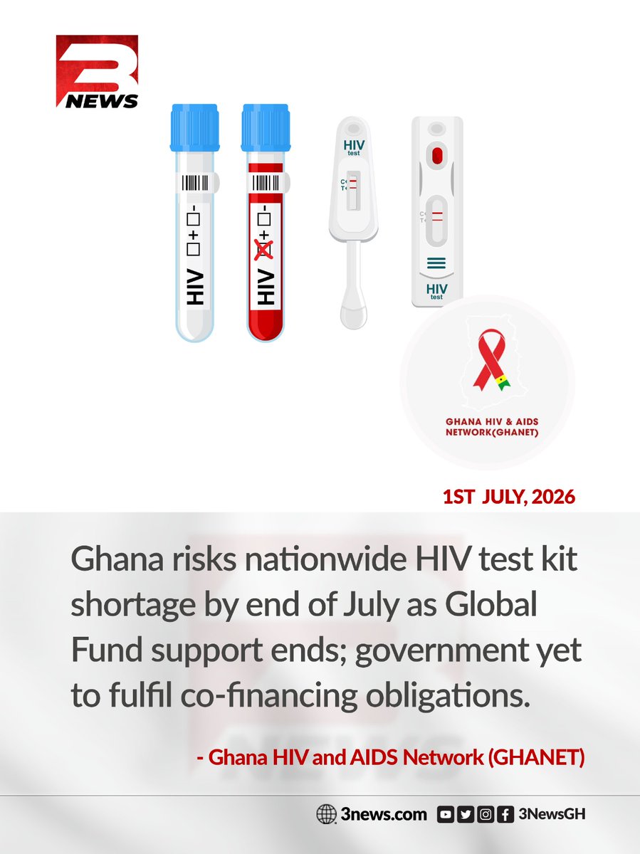 tv3_ghana's tweet photo. The Ghana HIV and AIDS Network (GHANET) has warned that Ghana faces a nationwide shortage of essential HIV testing kits by the end of July, as the Global Fund support ends and the government has yet to fulfil its co-financing obligations.

#3NewsGH #TV3GH https://t.co/oG7dDWAO0D