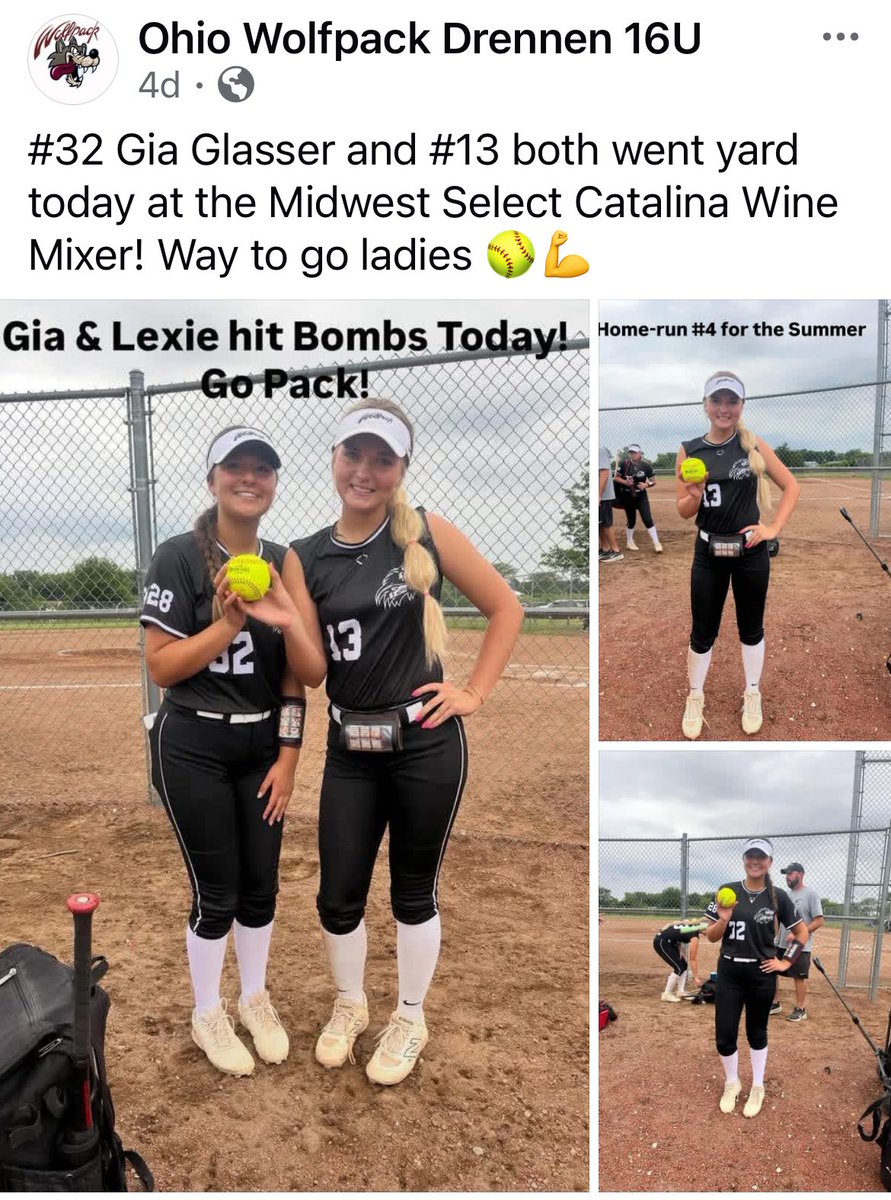 LexieCharles13's tweet photo. A little late posting because it’s been a crazy couple of days trying to prep for this weekend ! 😅🥎 Hoping to keep the momentum going for Great Lakes Firecracker Tournament. Here’s a quick recap from last weekend! 👇

✅ Home run #4 of the summer
✅ Our team went 5-1
✅ Six different Wolfpack players went yard
✅ Excited to compete with my @OhioWolfpack family at the Great Lakes Firecracker Showcase this week in Indiana!

Game 1: Wednesday - 1:15 PM- Field 23
🥎 I’ll be in the circle!
Looking forward to another great week of softball! ❤️🤍🖤
@OhioBobcatSB @Paige_McMenemy @MiamiOH_SB @NWFRaiders_SB @CoachNelson_NWF @BGSUSoftball @AshlandUSball 
#SoftballRecruiting #2028Grad #OhioWolfpack #BeRelentless