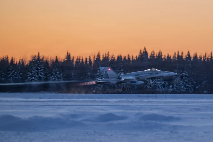 A NORAD CF-18 Hornet takes off during Arctic Edge 2026 in Alaska.