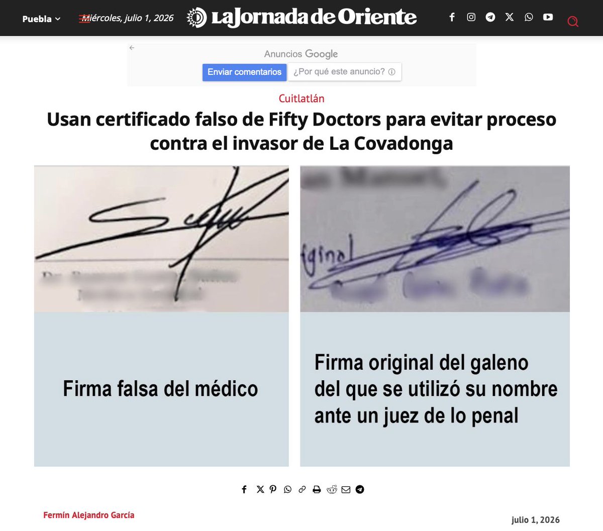 CarlosTorresF_'s tweet photo. 🔥 ¡ES-CÁN-DA-LO! 🔥 Ooootra vez el @PodJudPue en la mira por juicios con documentos apócrifos.

Una vez más los jueces del bienestar quedan en el ojo del huracán luego de que en el caso de invasiones en la zona conocida como La Covadonga en @PueblaAyto, el invasor evadió la audiencia judicial bajo la excusa de estar en enfermo.

Sólo que presentó a las autoridades del @PodJudPue un certificado médico apócrifo con firma falsa suplantando la identidad de un doctor en una cadena de infraestructura médica conocida como Fifty Doctors. Esta cadena saltó a la fama nacional por cobijar a la falsa doctora Marilyn Cote.

Pese a que las autoridades saben el caso, siguen haciendo caso omiso a esta situación.

#PueblaInvadida 
https://t.co/b0R9CPpPmc