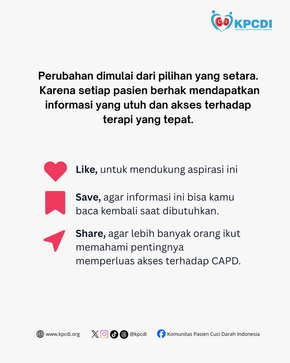 kpcdi's tweet photo. Semoga kolaborasi antara pasien, tenaga kesehatan, pembuat kebijakan, dan seluruh pemangku kepentingan terus menghadirkan perubahan yang nyata bagi layanan dialisis di Indonesia.

#KPCDI #PDConnect2026 #CAPD #DialisisPeritoneal #AdvokasiPasien #AksesKesehatan https://t.co/e74mxytoe0