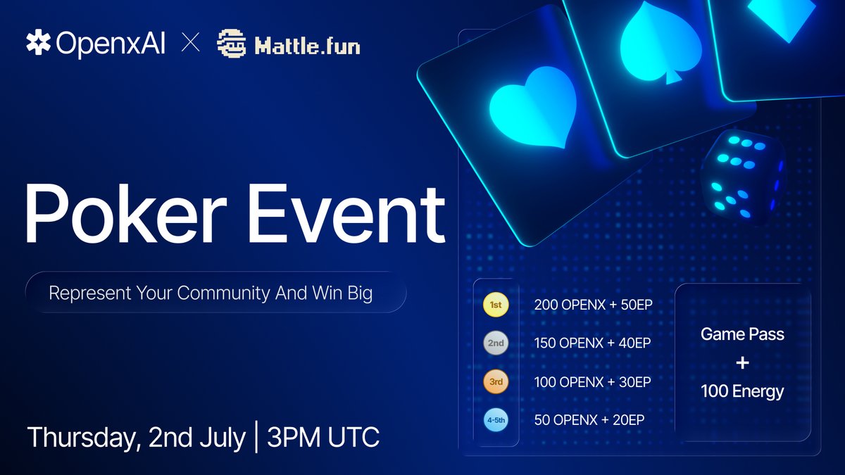 OpenXNetwork_'s tweet photo. EPIC POKER EVENT is going live!

OpenxAI x @MattleFun

July 2nd, 3 PM UTC

Compete. Represent your community, and win from a stacked prize pool.

Complete registration and social requirements before the event. Don't get locked out!
https://t.co/h6WJSOzniL

Get in, lock your spot, and show up ready. Let's have a great game.