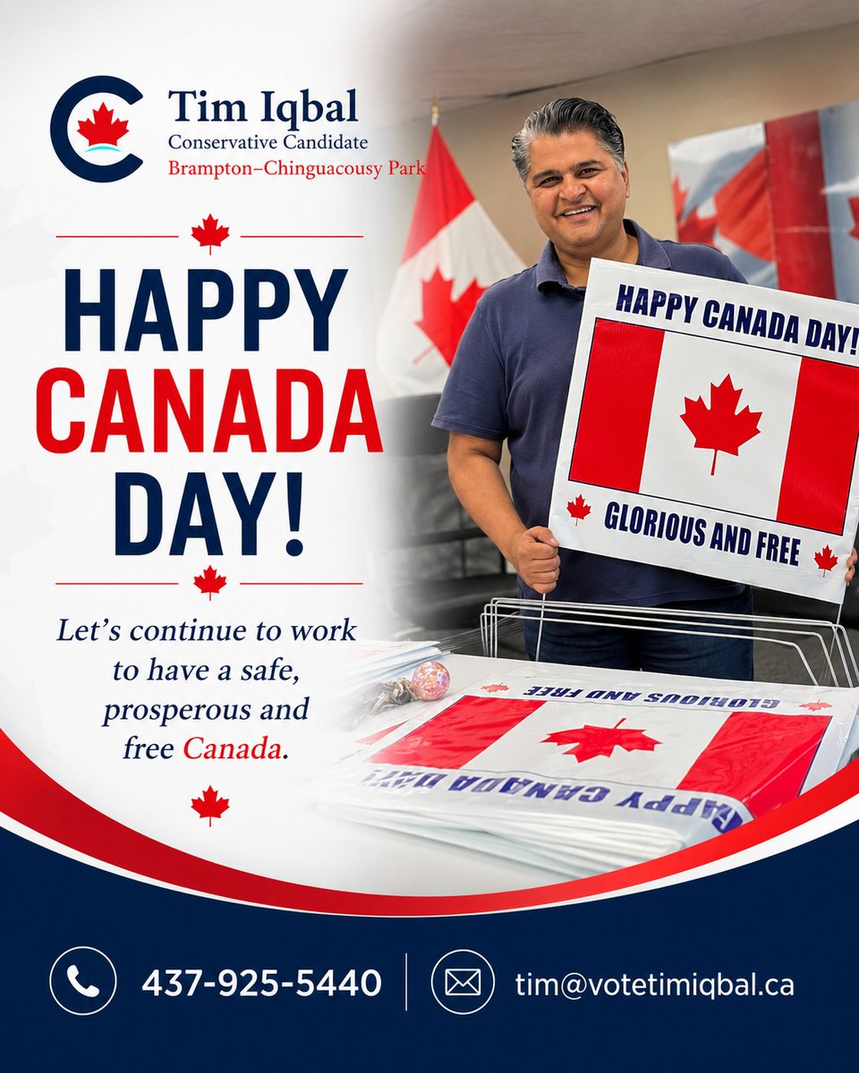 Tim_IQBAL's tweet photo. Happy Canada Day! 

God keep our land glorious and free.
O Canada, we stand on guard for thee.

As we celebrate this beautiful country and the resilient spirit of Canadians, let us renew our commitment to building a safe, prosperous, and affordable Canada for all.

Wishing you and your loved ones a joyful and memorable Canada Day!