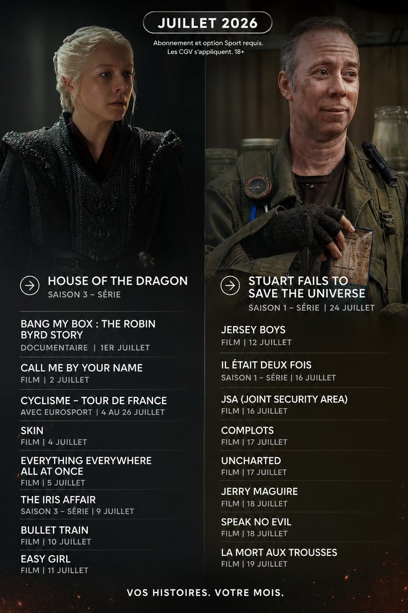 Monascope7's tweet photo. 🍿 Votre programme films, séries et sports en juillet :

•   Canal+
•   Netflix 
•   Prime Vidéo 
•   HBO Max https://t.co/7okL5WnQaU