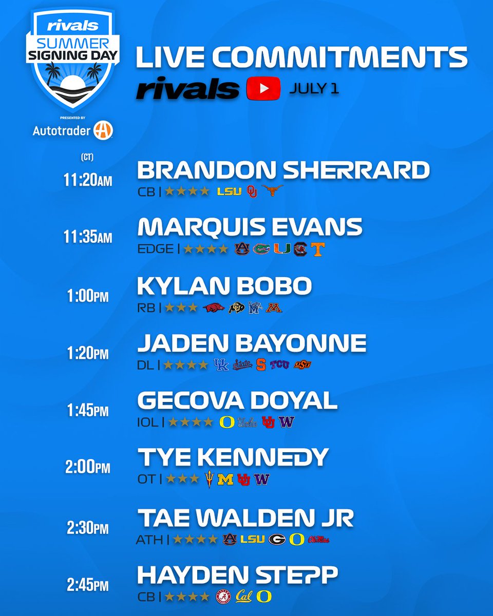 Rivals's tweet photo. Rivals Summer Signing Day is here🚨

9 commitments, intel, breaking news and reactions - all starting at 11am CT live on the Rivals YouTube channel.

Presented by @AutoTrader_com 

Watch: https://t.co/Za3nfYL2zF https://t.co/dZ5LryPesP