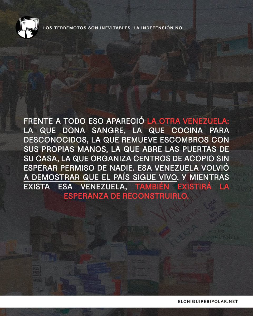 Naky's tweet photo. @ChiguireBipolar Los terremotos son inevitables. La indefensión no https://t.co/QX5E6JmhuG

Gracias,  @ChiguireBipolar https://t.co/tcLIhMRk8U