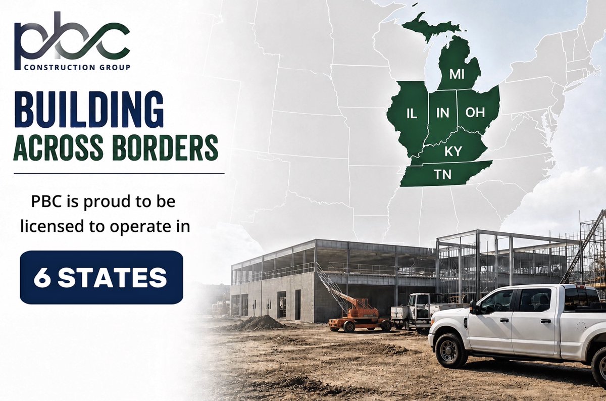 PBCConstruct's tweet photo. PBC is now licensed to operate in 6 states and we’re just getting started. We’re committed to delivering quality construction wherever our work is needed.

📍MI | IN | IL | OH | KY | TN

#PBCConstructionGroup #partnersbuildingcommitment #construction #buildingexcellence https://t.co/X77I2bwoL5