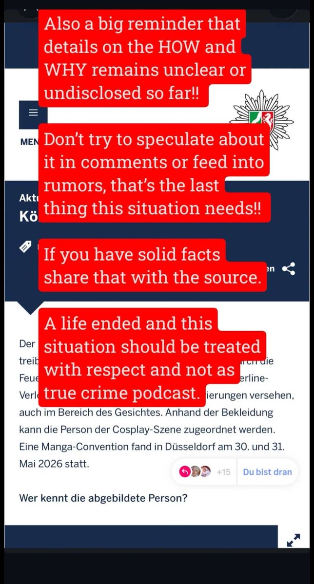 MatthewVanBlood's tweet photo. Nicht vergessen! Es geht um einen ECHTEN Menschen! Keine Spekulationen und keine Gerüchte verbreiten.
Sowas schadet den Ermittlungen und ist respektlos gegenüber dem Opfer und den Hinterbliebenen!

#Dokomi #Dokomi2026 #Köln #Rheinufer #Rhein https://t.co/eNsANaPqd3