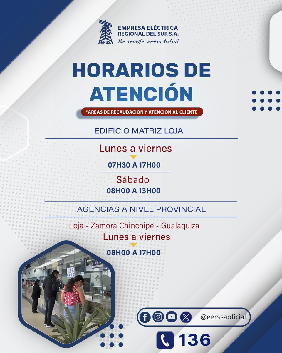 eerssaoficial's tweet photo. 📌¡Estamos para servirte!

En la matriz y nuestras agencias trabajamos cada día para brindarte una atención oportuna, cercana y eficiente.

🕒Conoce nuestros horarios de atención y realiza tus trámites con comodidad.

#LaEnergíaSomosTodos https://t.co/Dxpwr0vWMS