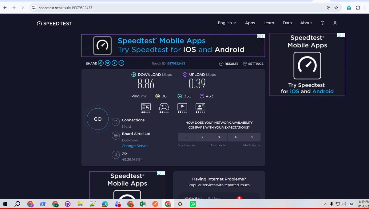 ARIF2204's tweet photo. @JioCare @reliancejio @JioCare @TRAI @JIOAIRFIBERIN This is when I am connected through Ethernet Cable. https://t.co/LtfszOGgig