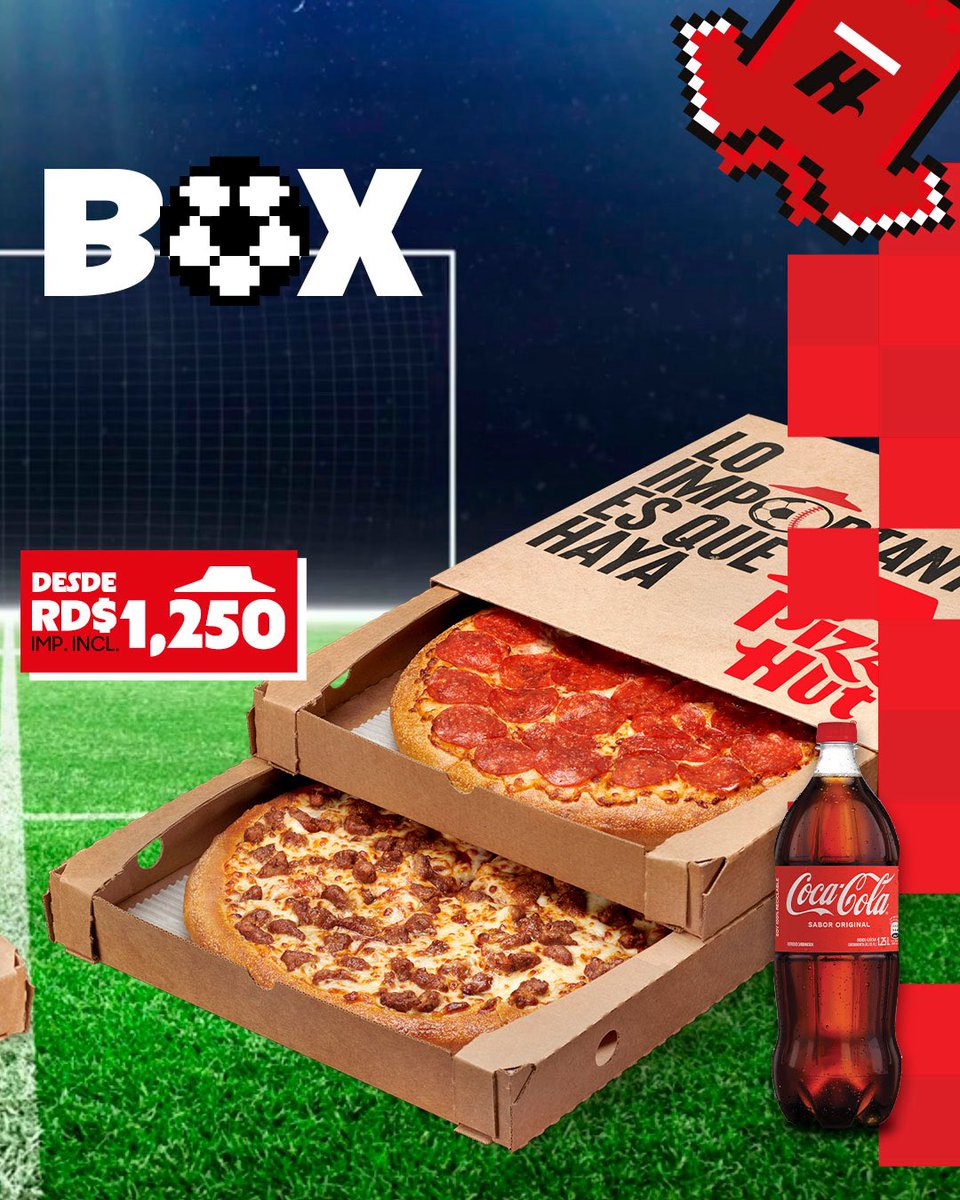 PizzaHutRD's tweet photo. Cuándo juega tu equipo favorito, el hambre no puede ganar el partido. Por eso, el marcador está claro: Coro 1 - 0 Hambre con estas dos opciones increíbles que te trae la Double Box. ¡Dos jugadas maestras, una sola decisión! https://t.co/mTmq8nv8GM
