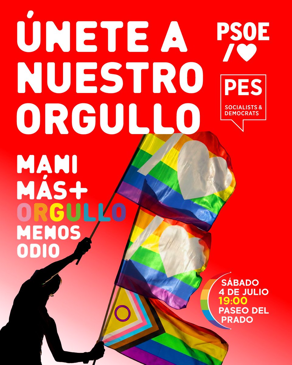 PSOE's tweet photo. Este sábado, seremos una España llena de ORGULLO.
Ni un paso atrás en derechos.

#MásOrgulloMenosOdio https://t.co/BBQkAewZx4