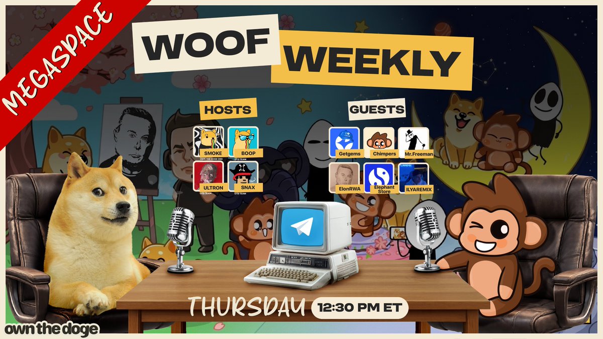 ownthedoge's tweet photo. Woof Weekly Megaspace 🎙️

Kabosu the Doge has landed on @telegram with the release of our first Sticker Pack. 

Join us with @getgemsdotio and friends as we discuss the future of brand building and community activation together on our 234th episode.