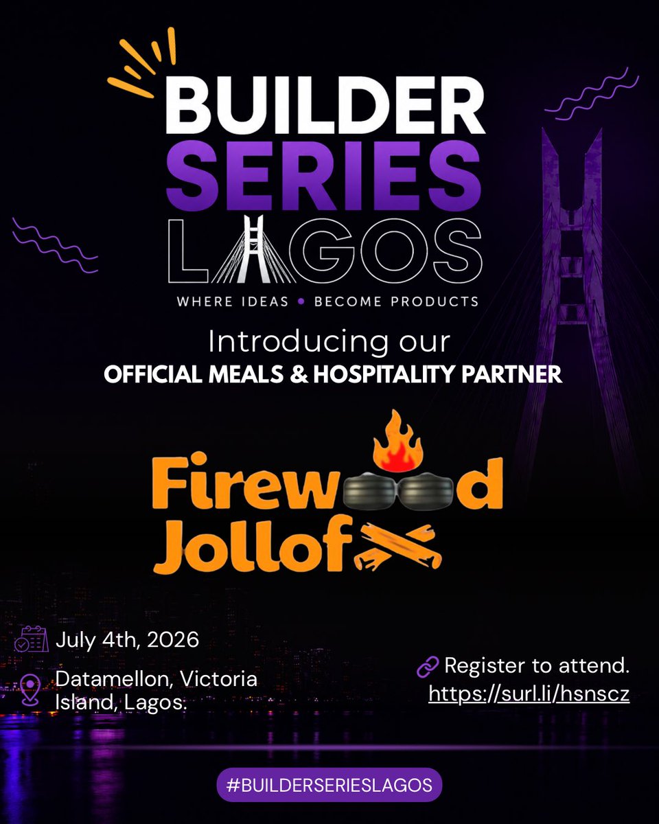 BuilderseriesLA's tweet photo. 🍛Meet our MEALS &amp; HOSPITALITY PARTNER @firewoodjollof 

Proud to partner with innovators shaping the future of technology in Africa.

🗓 July 4th, 2026
📍 Datamellon, Victoria Island, Lagos

🎟 Register using the link in our bio!! 

#BuilderSeries #TechInAfrica https://t.co/HNOVMhFiau