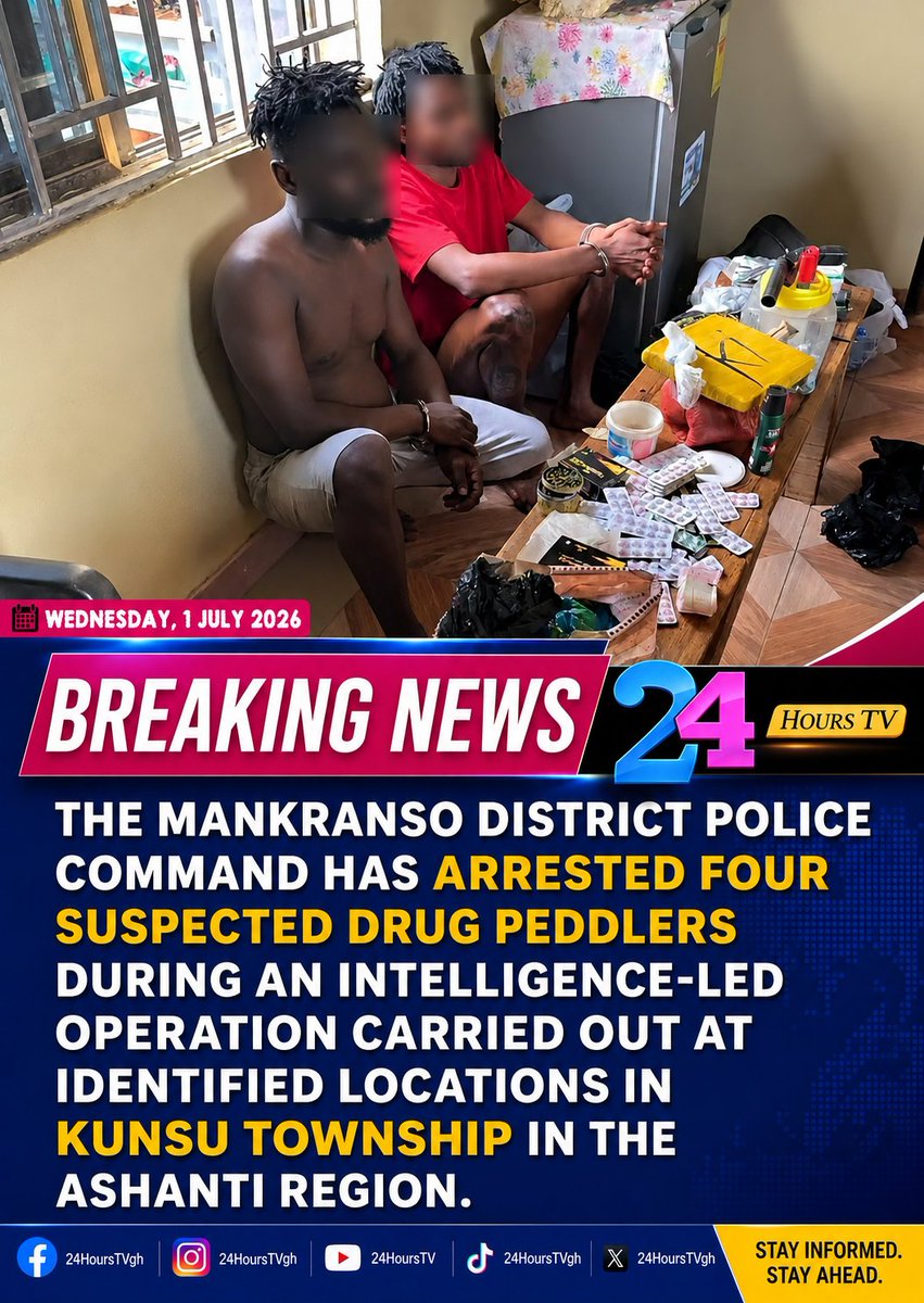 24HoursTVgh's tweet photo. The Mankranso District Police Command has arrested four suspected dr@g peddlers during an intelligence-led operation carried out at identified locations in Kunsu Township in the Ashanti Region. https://t.co/qwX43OWiXV