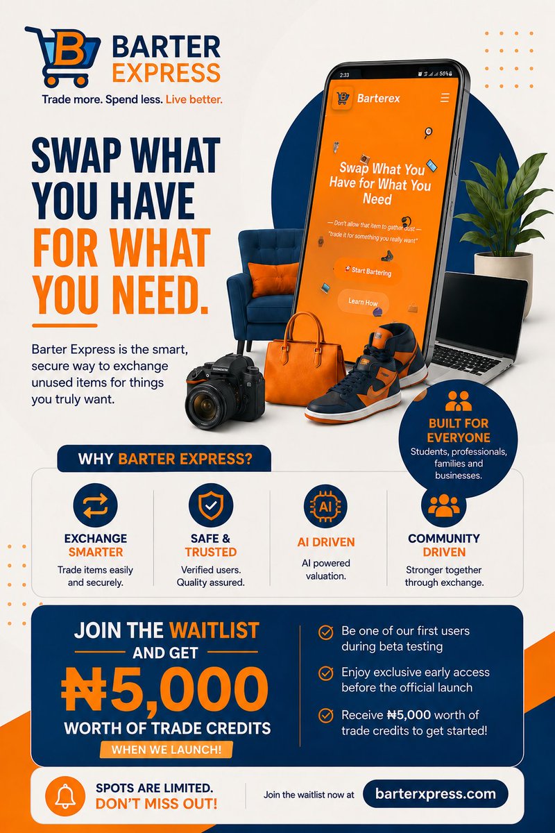 barterxpress's tweet photo. Millions of unused items are laying in homes while people need them. Barterex lets you swap unused items for things you actually need. no cash, just credits.

🚀 Join the waitlist now &amp; get
✅ Early access + beta tester spot 
✅ ₦5,000 Barter Credits at launch 

Read comments ⬇️ https://t.co/9XIXCJcTZV