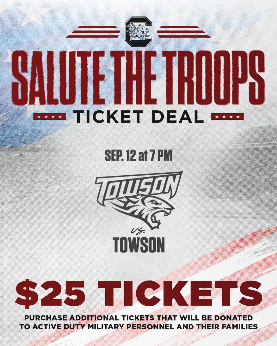 GamecocksOnline's tweet photo. Join us as we honor our military heroes 🇺🇸

Tickets are $25, with the option to donate tickets to active-duty military personnel.

🎟️: https://t.co/ck5vjrBPJq https://t.co/hgp1xwQN9n