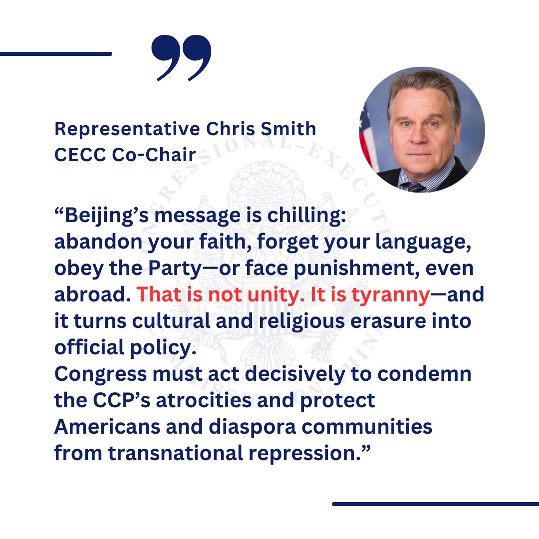 CECCgov's tweet photo. “That is not unity. It is tyranny.” @CECCgov Co-Chair Chris Smith and Commissioner @RepMcGovern introduced a resolution condemning the #CCP ’s repression of ethnic and religious minorities and the so-called Law on the Promotion of #EthnicUnity and Progress.
Press Release https://t.co/3h7UcwgpBA
Highlight⬇️