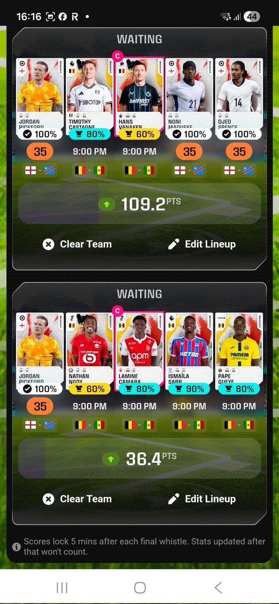 VRR_Football's tweet photo. Gone for the 5 gem level big time, in the hope of using later matches to get back up to the £100 level again! 😄
Mostly England, with a bit of Belgium.
Here we go.......!
@Sorare #Sorare #SorareColors #NFT #WorldCup26 https://t.co/bbxBC8HtcX