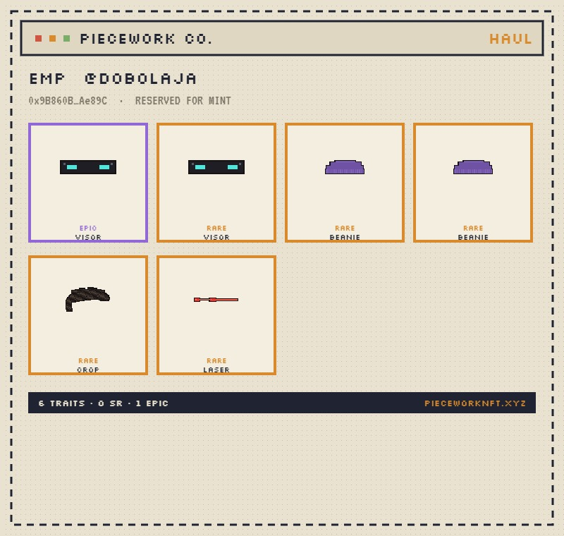 dobolaja's tweet photo. I ran the @PIECEWORKNFT assembly line and unlocked 6 traits including an EPIC for my mint.

Match the grails, unlock the gear, build your night worker.
https://t.co/WX5YaUVB1Z
#PIECEWORK https://t.co/uhjjmIPHNv