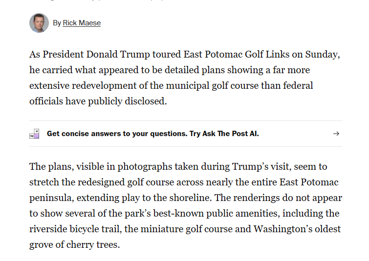 ReichlinMelnick's tweet photo. Trump wants to cut down Washington DC's oldest grove of cherry trees along the Mall and eliminate the public biking path and picnic areas so he can build a Trump golf course on public land, using public dollars, and taking spaces away from the public. https://t.co/0x9KCTtTx7