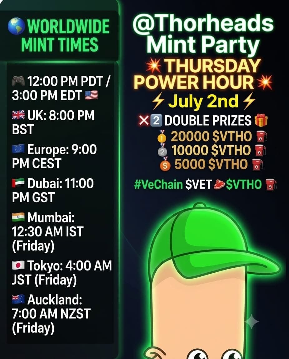 Thorheads's tweet photo. 🚨 THORHEAD THURSDAY IS ALMOST HERE 🚨

Kick off the holiday weekend with our Mint Party Power Hour tomorrow! 🔥

💥 2× Prize Pool
🥇 20,000 $VTHO
🥈 10,000 $VTHO
🥉 5,000 $VTHO

🎁 PLUS surprise $VTHO giveaways throughout the Power Hour in the Thorheads Discord! ⏰
#VeChain $VET $VTHO #Thorheads