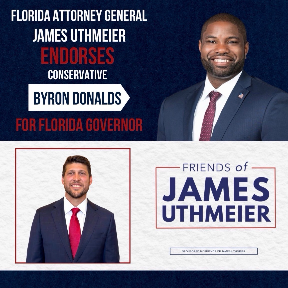 JamesUthmeierFL's tweet photo. Byron is a Freedom Caucus conservative &amp; proven FL House leader. He’s committed to continuing our fight to punish child predators, support law enforcement, protect the unborn, honor parents’ rights, defend 2A, and win against the woke left.

He has my endorsement for Governor! https://t.co/lr634o6Y1m