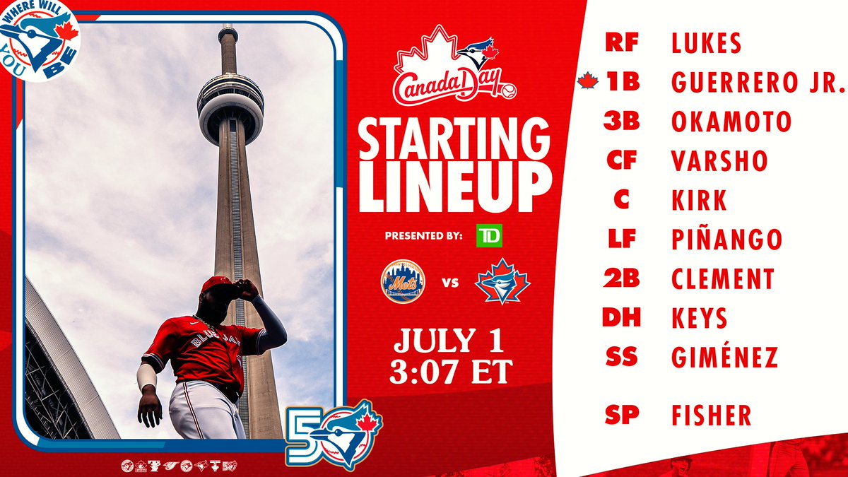 BlueJays's tweet photo. We can't wait to spend Canada Day with all of you 🇨🇦 #BlueJays50 https://t.co/ZsTOTpPqR6