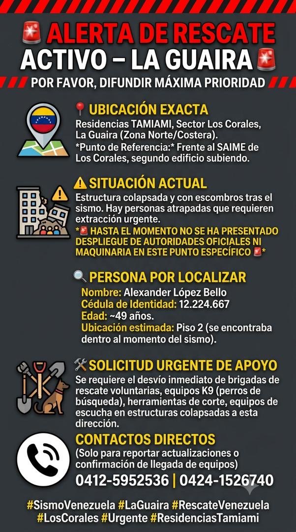 esnaya's tweet photo. Urgente apoyo en rescate para Urb Los corales Edf Tamiami. Frente al Saime de Los Corales.Piso 2. Persona por localizar: Alexander Lopez Bello v12224667 https://t.co/idWW3pmCGj