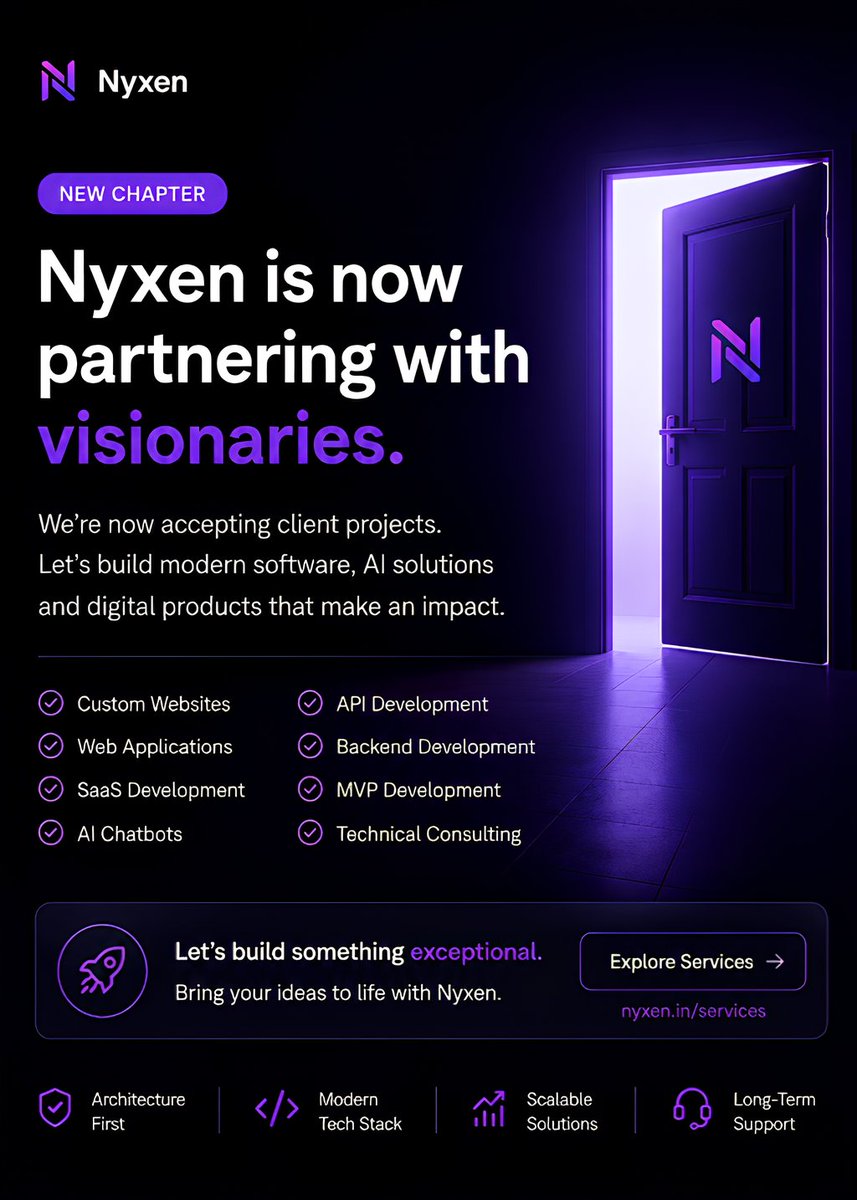 buildnyxen's tweet photo. We're now accepting client projects.

Websites.
Web Apps.
SaaS.
AI Solutions.
Backend Engineering.

Built with the same mindset behind our own products.

🔗 https://t.co/69atoxeO7p https://t.co/oWgLnCVpq4