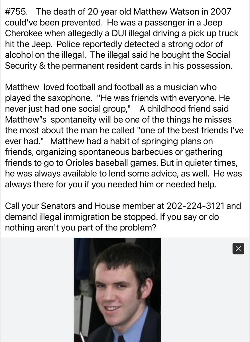 howmanyare2many's tweet photo. HOW MANY ARE TOO MANY?

Gregory, did you ever hear about Matthew’s preventable death?  Of course not, that’s why I do this.

Now at 1,391 preventable deaths and counting with no end in sight.

Please repost so Matthew isn’t forgotten and inform people of his preventable death.

I’m not selling anything, not writing a book, not making a documentary, etc.  There’s nothing in this for me.  I see what’s happening to our country and I’m trying to do something about it.  

I post a photo of the victim so you can see that these preventable deaths happened to real people, to real children & families that had their lives taken from them by someone illegally in our country.

@cptcookswife  @clmuseum  @JordanBrace8 @PatriotGal480 @poconomtngirl   @browngravy_93 @GeorgeEliseo  @greyman7107  @ZeroDarkKitty @RepBrandonGill @KatieZacharia @BuzzPatterson @AlexisMcAdamsTV  @GregoryKBovi