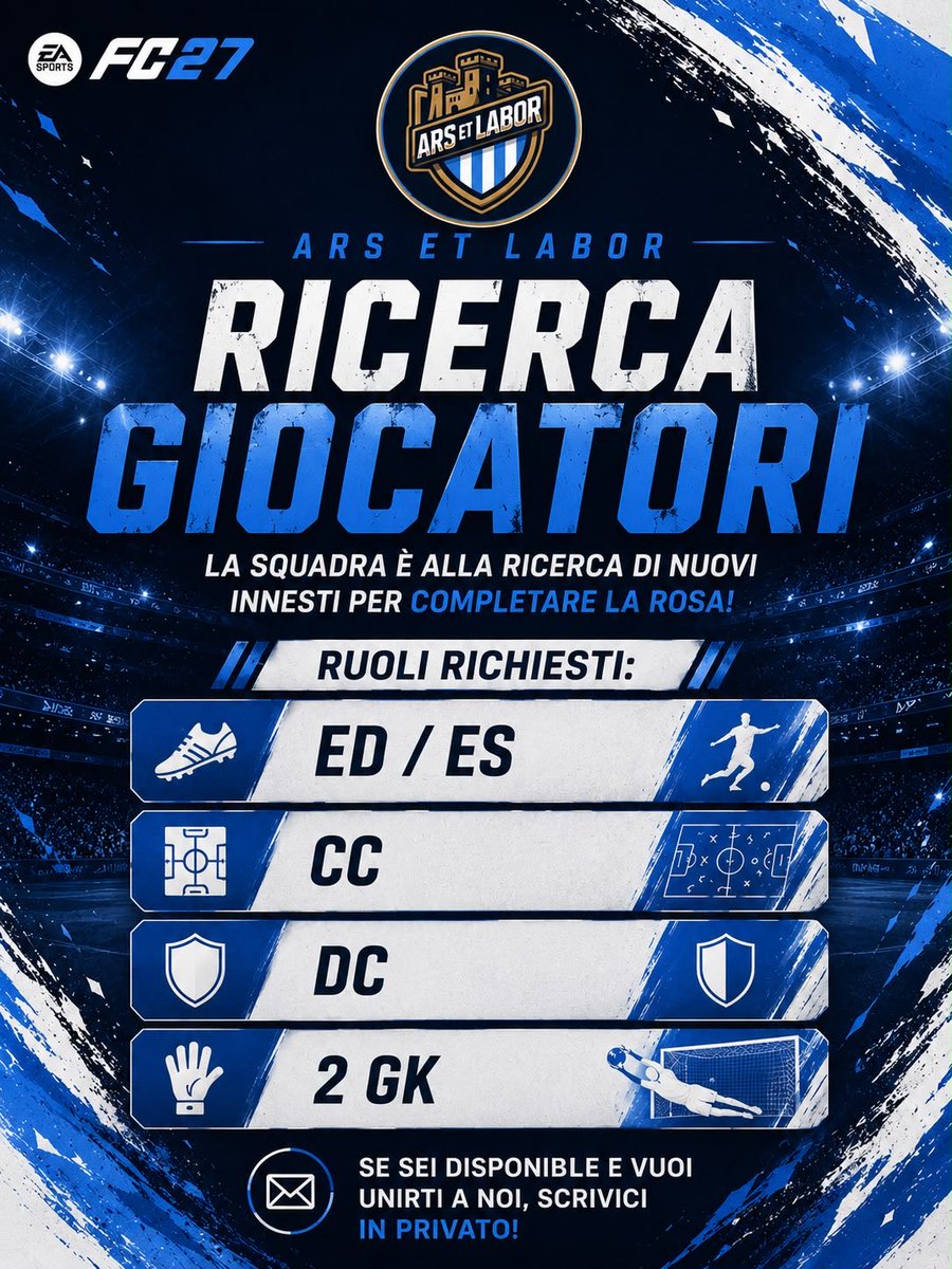Ars_Et_Labor's tweet photo. 🚨Mercato Aperto🚨

Iniziamo, da questo momento, la ricerca dei nuovi giocatori che si aggiungeranno allo storico blocco che ha conquistato la serie A di VPG. 

Soliti criteri: 
+18 (valutiamo anche un ipotetico +20)
No profili creati di recente 
Disponibilità 4/4

Cerchiamo pochi giocatori, mirati per essere ancora più competitivi, se vuoi far parte della nostra storia scrivici in DM📩

@mondoproclub 
@NewsProclub 
@RT_Proclub 
@RTAllProClub 
@pctransfermarkt