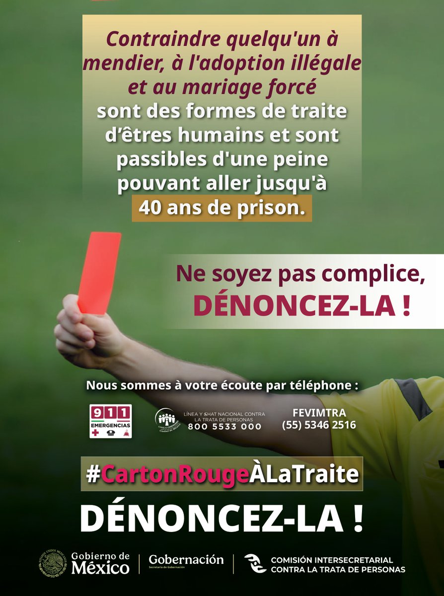 AtnmigrantesVer's tweet photo. La trata de personas es un delito que vulnera la dignidad y los derechos humanos. Si conoces o sospechas de un caso, denuncia.  #TarjetaRojaALaTrata

La traite des êtres humains est un crime qui porte atteinte à la dignité et aux droits humains. Dénoncez-le. https://t.co/SM2Hoci9o1